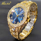 Luxe Golden Men Watch Auto Calendar Waterproof Couple Watches Royal Blue Dial With CZ Arabic Numbers Baguette Bracelet Timepiece - Bekro's ART