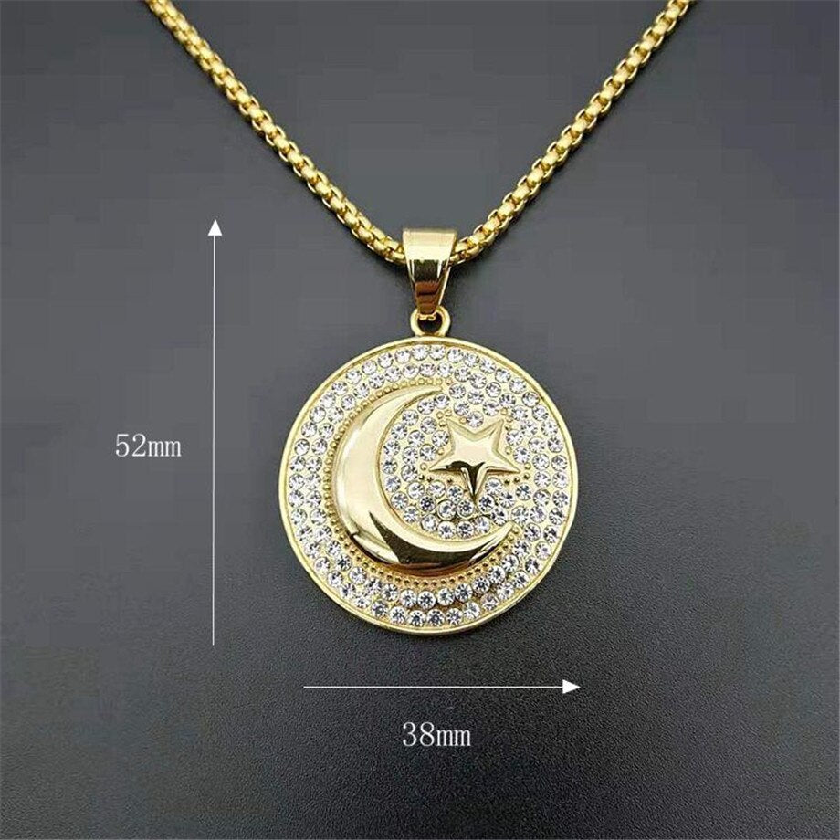 Muslim Crescent Moon and Star Pendant  Round Necklace Hip Hop Iced Out Men Islamic Jewelry - Bekro's ART