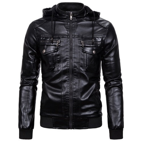 Autumn Winter Men's New Motorcycle Leather Jacket Lining with Velvet Stand Collar Faded leisure Artificial Leather Coat - Bekro's ART
