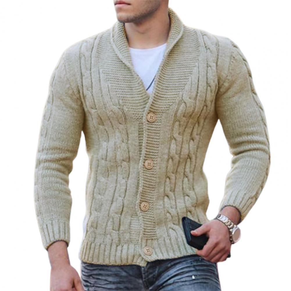 Men's Sweater Solid Color Single-breasted Twisted Texture Cardigan Lapel Slim Fit Buttoned V-Neck Sweater for Autumn Winter - Bekro's ART