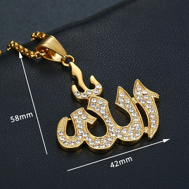 Hip Hop Iced Out Round Allah Pendant Necklace  Islam Muslim Arabic Gold Color Prayer Jewelry - Bekro's ART