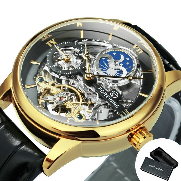 Forsining Classic Men Skeleton Watch Automatic Tourbillon Watches Mens Top Brand Luxury Leather Band Moon Phase Mechanical Clock - Bekro's ART