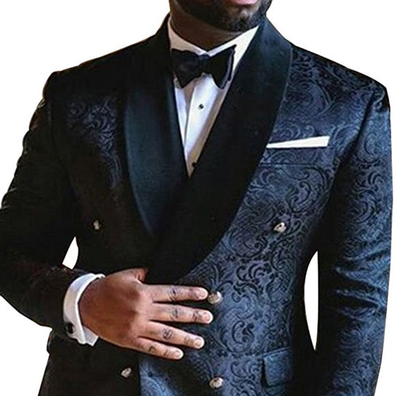 Floral Jacquard Men Suits Slim Fit with Double Breasted Wedding Tuxedo for Groomsmen Black Shawl Lapel Male Fashion Set Costume - Bekro's ART