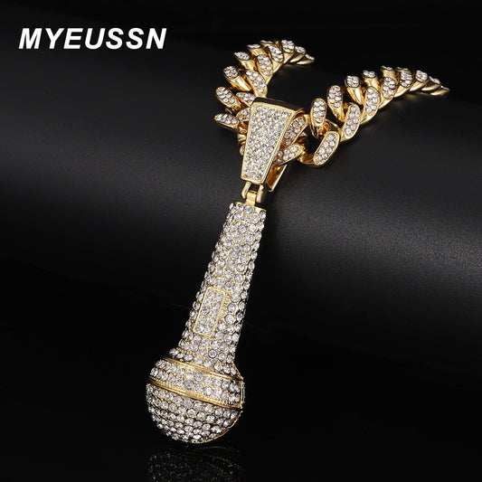 Hip Hop Iced Out Bling Microphone Pendants Necklace For Men gold color 13MM Cuban Link Chain Hiphop Rapper Jewelry Necklace Gift - Bekro's ART