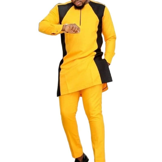Men's Patchwork Shirt Mango Yellow/Black Long Sleeve Tops+ Trousers Symmetrical Design Pant Suits African Outfits Party Wear - Bekro's ART