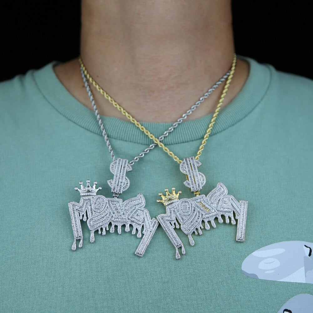 Iced Out MONEY Letters Pendant Crown Dollar Sign Cubic Zircon CZ Paved Mens Charm Necklace Hip Hop Jewelry With Rope Chain - Bekro's ART