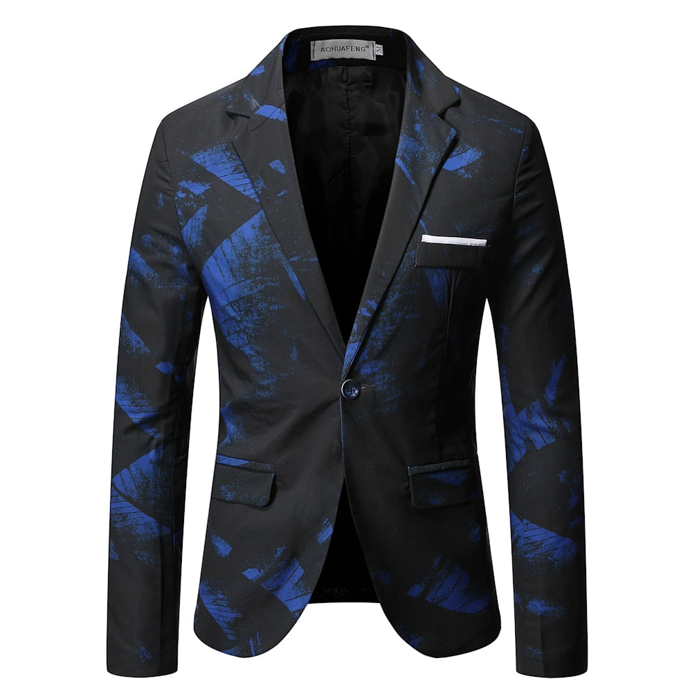 Gentleman Blazers Men Blue Patterning Printed Suit Jacket Casual Coat Prom Singer Concert Stage Costume Winter - Bekro's ART
