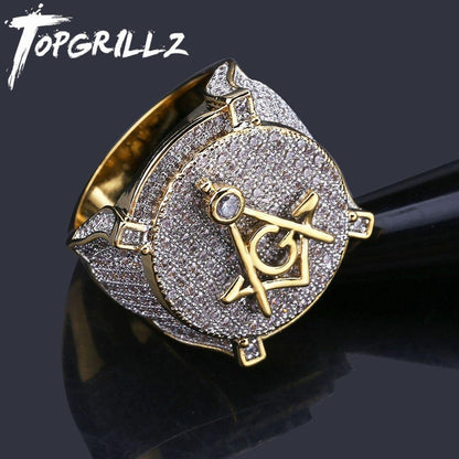 TOPGRILLZ Hip Hop Gold Color Plated Brass Iced Out Micro Pave Cubic Zircon Masonic Ring Charm For Men Gifts With 7 8 9 10 11 - Bekro's ART