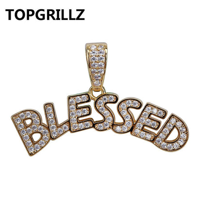TOPGRILLZ Bubble Letters BLESSED Pendant Necklace Men Hip Hop Gold Silver Color Iced Out Cubic Zircon Jewelry Necklace - Bekro's ART