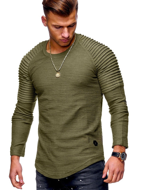 Hot  Solid Color Sleeve Pleated Patch Detail Long Sleeve T-Shirt Men Spring Casual Tops Pullovers Fashion Slim Basic Tops - Bekro's ART