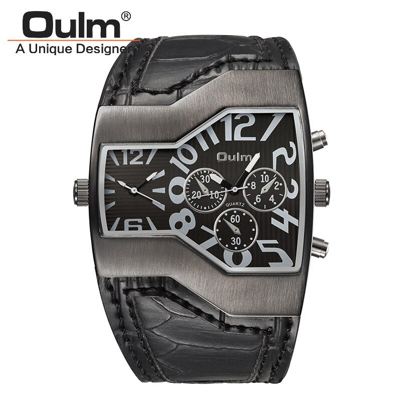 Oulm Military Watches Men Luxury Brand Leather Quartz Watch Man Two Time Zone Sport Male Clock relogio masculino - Bekro's ART