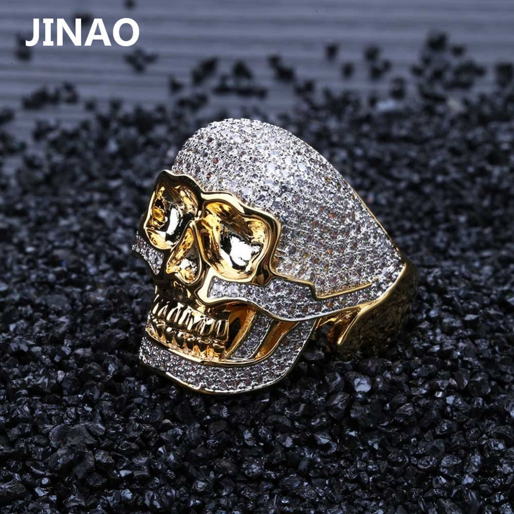 JINAO Hip Hop Copper Two Tone Skull Ring Iced Out Micro Paved Cubic Zircon Punk Fahion Ring for Men with 7,8,9,10,11 - Bekro's ART