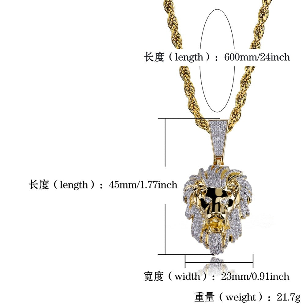 TOPGRILLZ Hip Hop  Gold Color Plated Iced Out Micro Pave Cubic Zircon Lion Head Pendant Necklace Charm For Men Jewelry Gifts - Bekro's ART