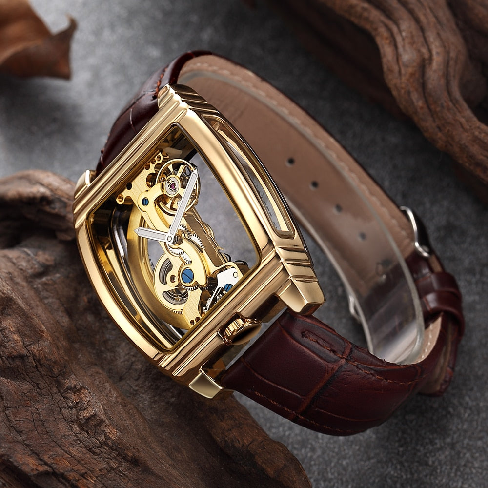 SHENHUA Mens Golden Case Minimalism Design Brown Leather Strap Transparent Watch Top Brand Luxury Steampunk Automatic Wristwatch - Bekro's ART