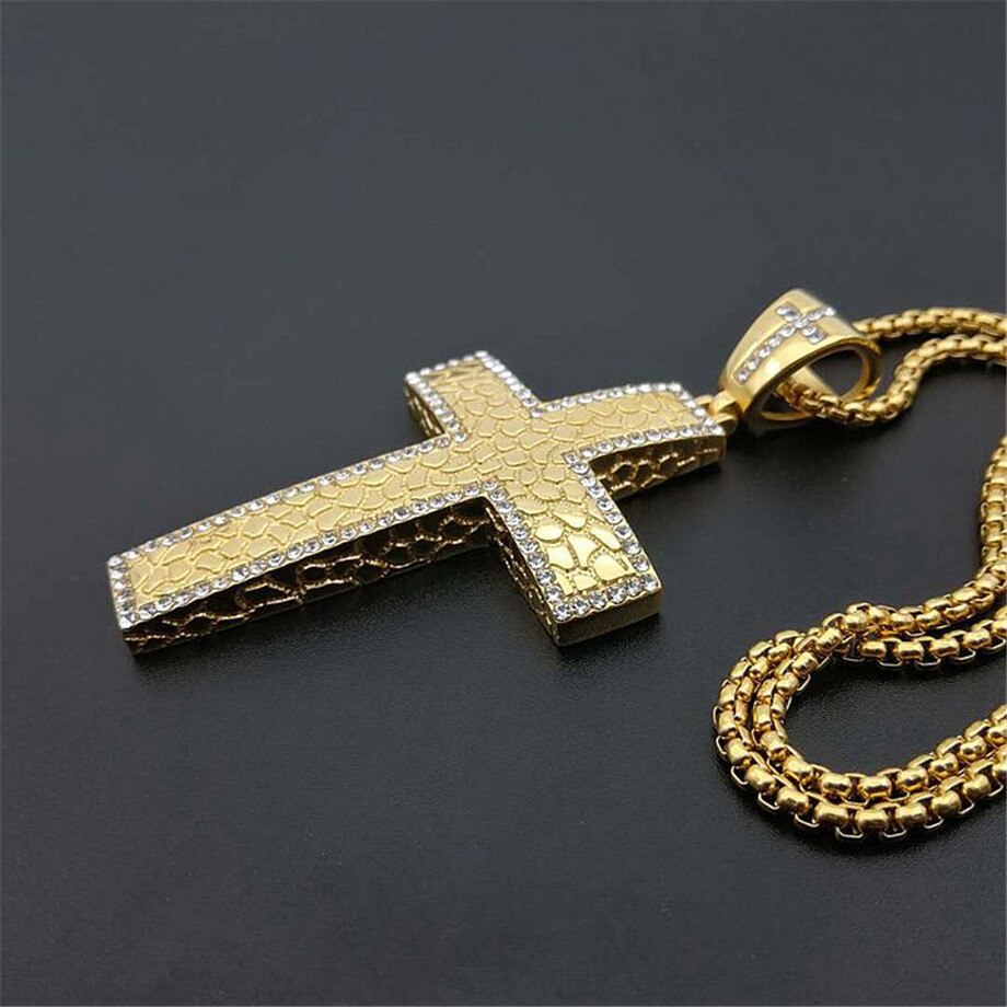 Iced Out CZ Large Big Cross Pendant With Chain Gold Color  Men Necklace Hip Hop Bling Bling Jewelry N1492 - Bekro's ART