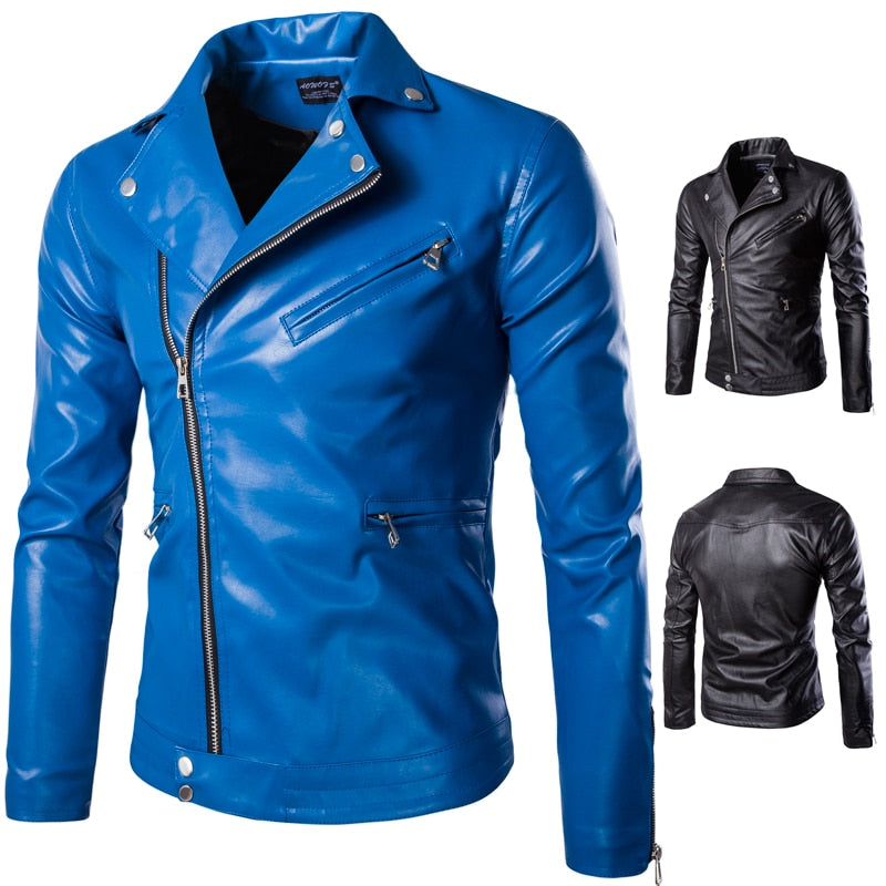 High Quality Men Slim Blue Motorcycle Leather Jackets Punk style Autumn New Male Oblique zipper Leather &amp; Suede Coats - Bekro's ART