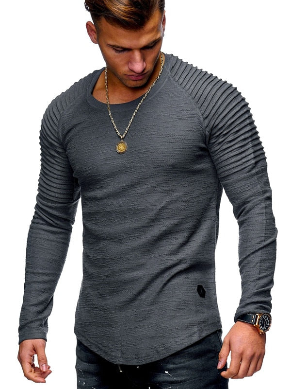 Hot  Solid Color Sleeve Pleated Patch Detail Long Sleeve T-Shirt Men Spring Casual Tops Pullovers Fashion Slim Basic Tops - Bekro's ART