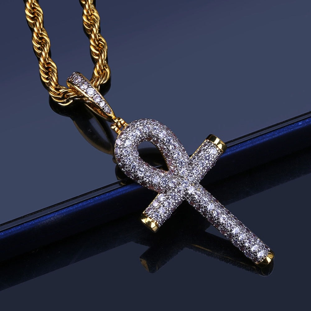 Solid Back Ankh Cross Necklaces Mens Hip Hop Gold Silver Color Pendant Necklace Iced Out AAA+ Bling CZ Stone Jewelry Gifts - Bekro's ART