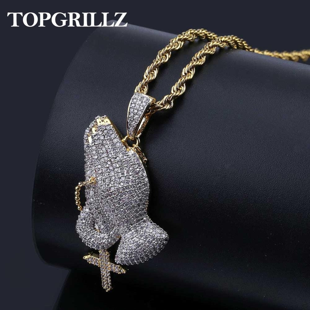 Iced Out Praying Hand Pendant Necklace With Cross Mens/Gold Plated Hip Hop Charm Jewelry Necklace Chain For Gifts - Bekro's ART