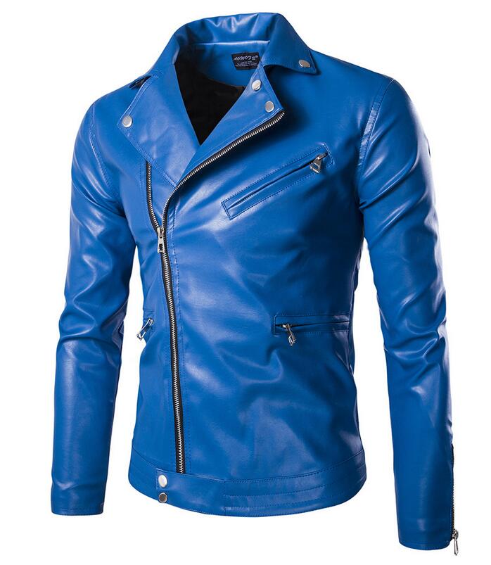 High Quality Men Slim Blue Motorcycle Leather Jackets Punk style Autumn New Male Oblique zipper Leather &amp; Suede Coats - Bekro's ART