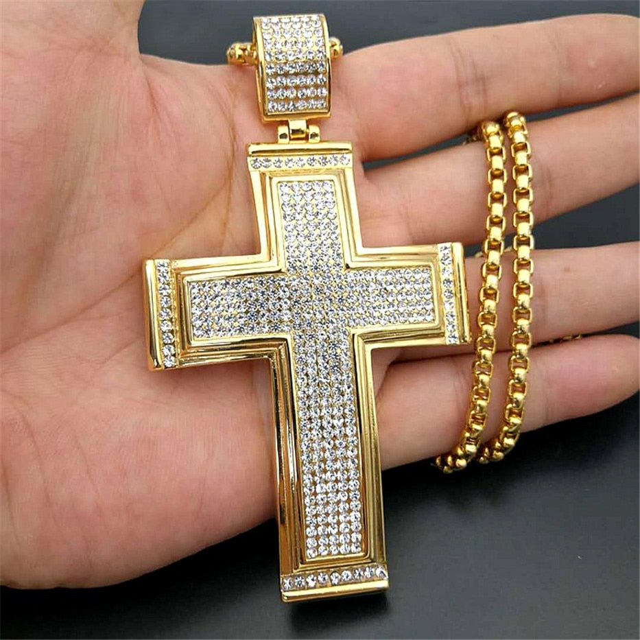 Hip Hop Iced Out Big Cross Pendant Necklace For Men Gold Color  Rhinestone Necklace Hiphop Christian Jewelry - Bekro's ART
