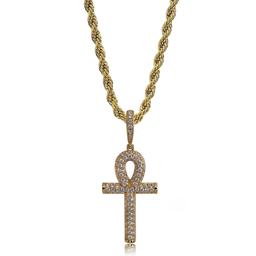 Solid Back Ankh Cross Necklaces Mens Hip Hop Gold Silver Color Pendant Necklace Iced Out AAA+ Bling CZ Stone Jewelry Gifts - Bekro's ART