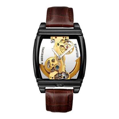 SHENHUA Mens Golden Case Minimalism Design Brown Leather Strap Transparent Watch Top Brand Luxury Steampunk Automatic Wristwatch - Bekro's ART