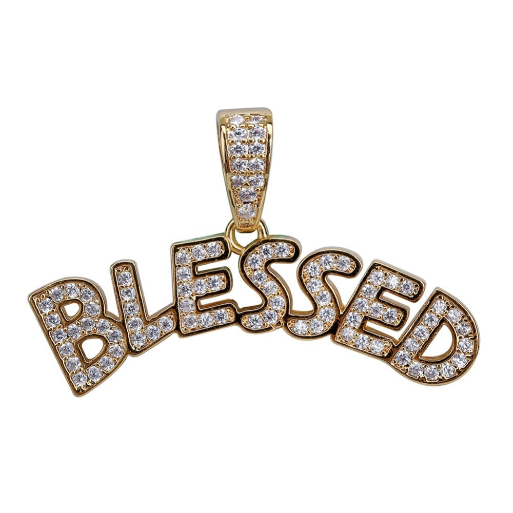 TOPGRILLZ Bubble Letters BLESSED Pendant Necklace Men Hip Hop Gold Silver Color Iced Out Cubic Zircon Jewelry Necklace - Bekro's ART