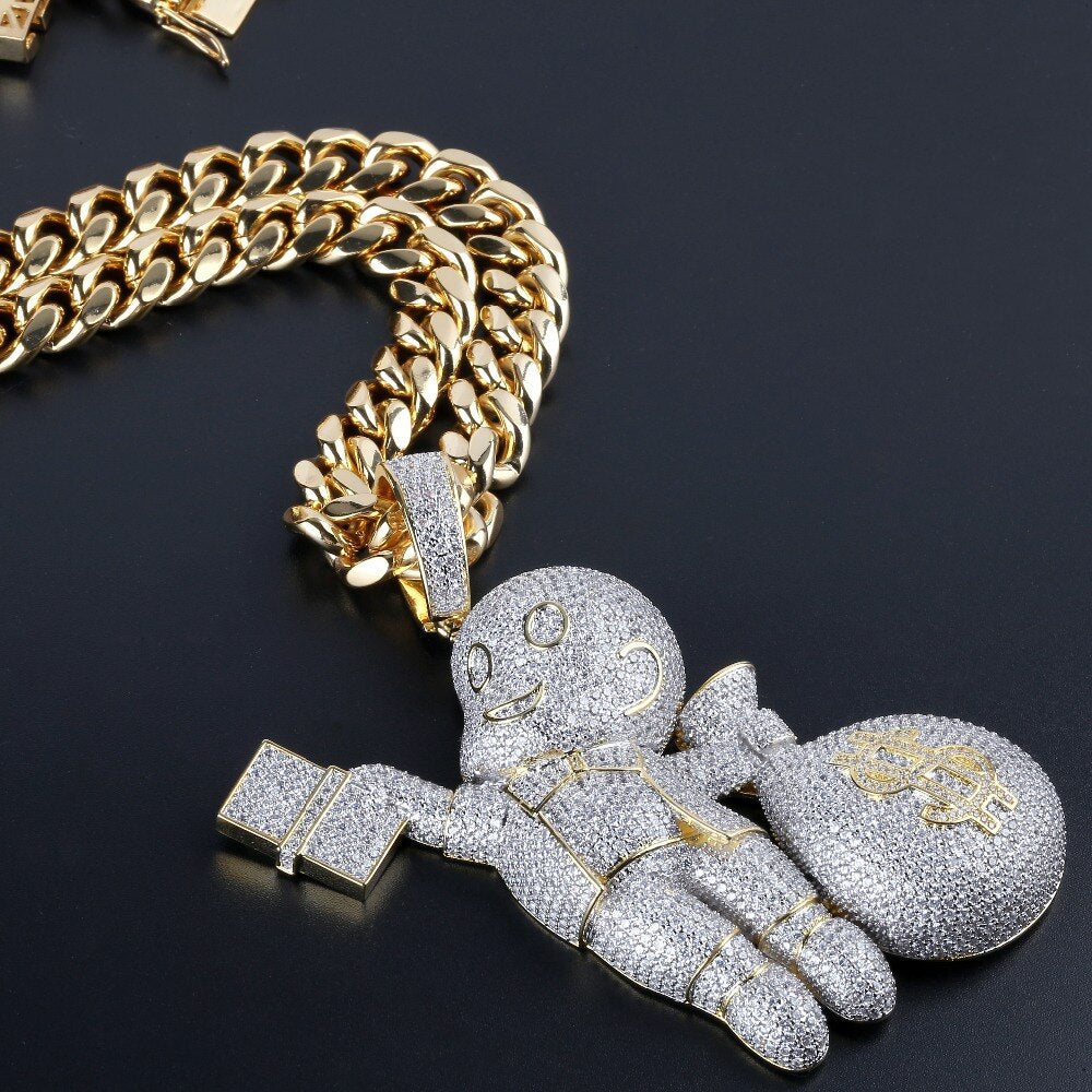 TOPGRILLZ Dollar Gangster kid Pendant Necklace Men Iced Out CZ Chain Hip Hop/Punk Gold Silver Color Charm Necklace Jewelry Gifts - Bekro's ART