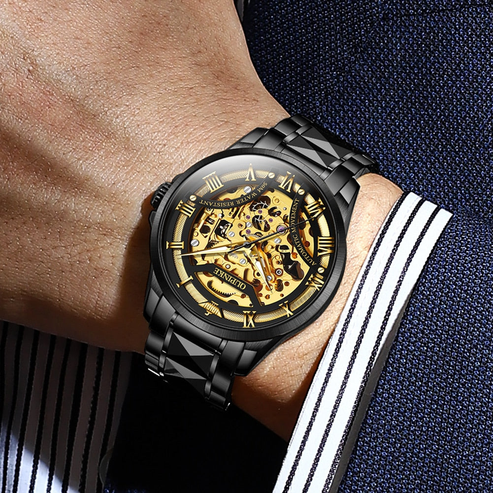 OUPINKE Top Brand Skeleton Watch for Man Luxury Automatic Mechanical Watch Japan Movement Waterproof Steel Strap Wristwatch 3210 - Bekro's ART