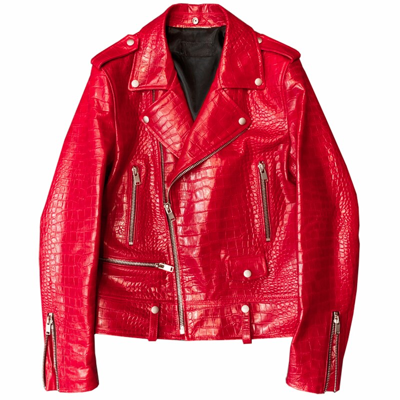 Mauroicardi Spring Red  Pattern Faux Leather Biker Jacket Long Sleeve Zipper Designer Men Clothing - Bekro's ART