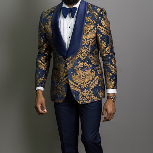 Navy Blue Floral Jacquard Prom Men Suits for Wedding 3 Piece Slim Fit Groom Tuxedo African Male Fashion Costume Jacket Pants - Bekro's ART