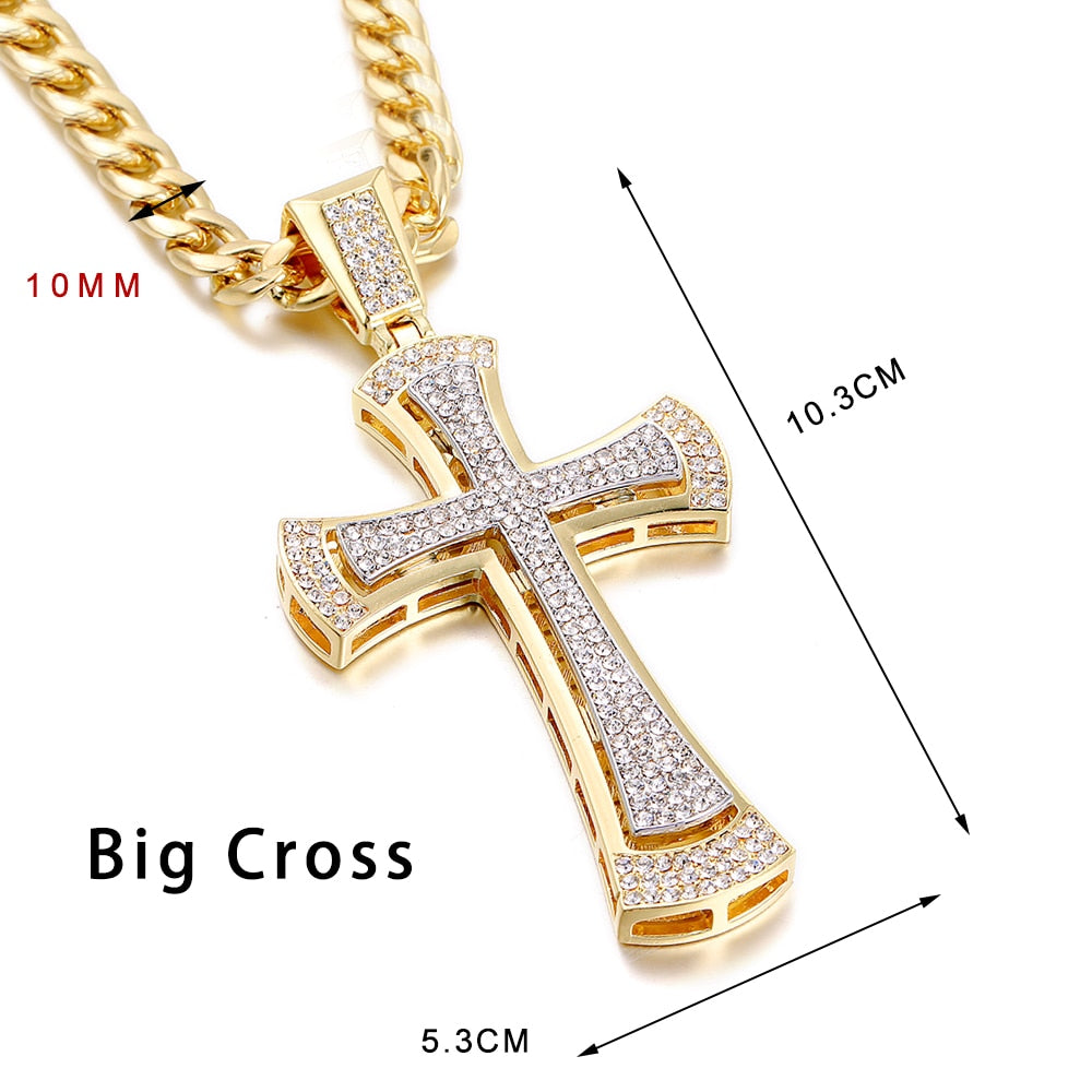 Double Layer huge Cross Convex Arc Bling Pendant For Men Iced Out Chain Zircon Hip Hop Style Charm  Jewelry Cross Necklace - Bekro's ART