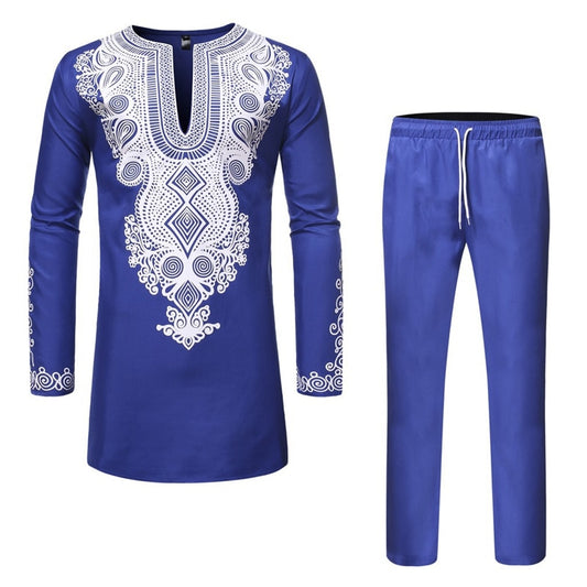 Blue African Print Top Pant Set 2 Pieces Outfit Set  Fashion Men African Clothes Dashiki Shirt with Trouser Men Africa Suit - Bekro's ART