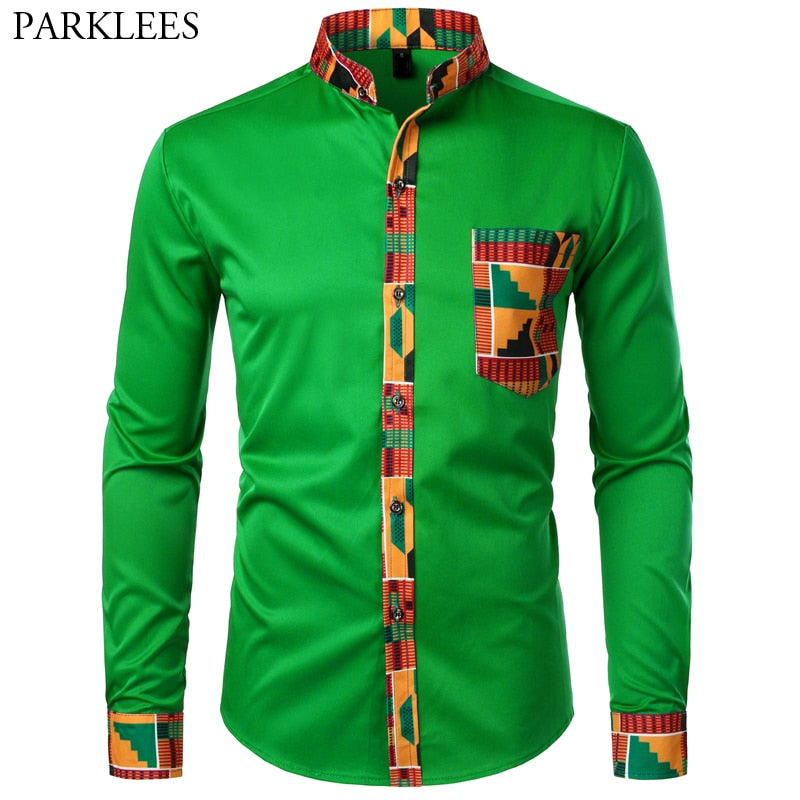 Dashiki African Mens Shirt Patchwork Pocket Africaine Print Shirt Men Ankara Style Long Sleeve Design Collar Mens Dress Shirts - Bekro's ART