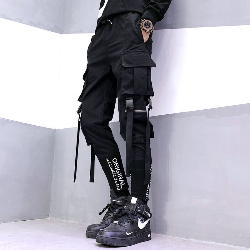 Hip Hop Men Ribbons Cargo Pants Fashion Harajuku  New Elastic Waist Casual Streetwear Mens Joggers Trousers Black - Bekro's ART