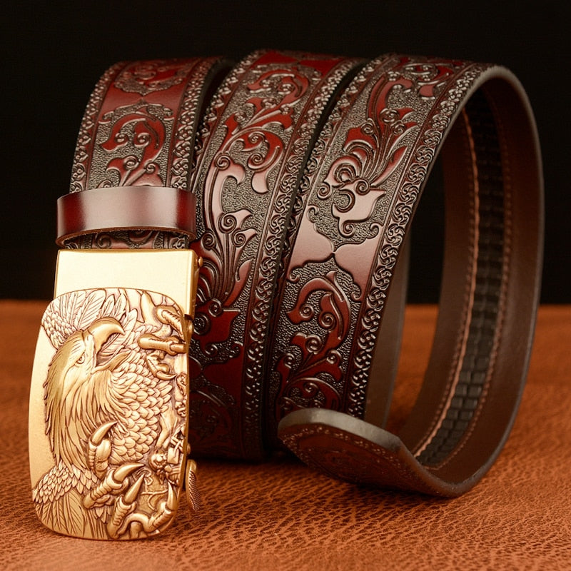 New Eagle Pattern Buckle Cowskin Leather Belt TOP Quality Alloy Automatic Buckle Wasitbad Strap Genuine Leather Gift Belt Men - Bekro's ART
