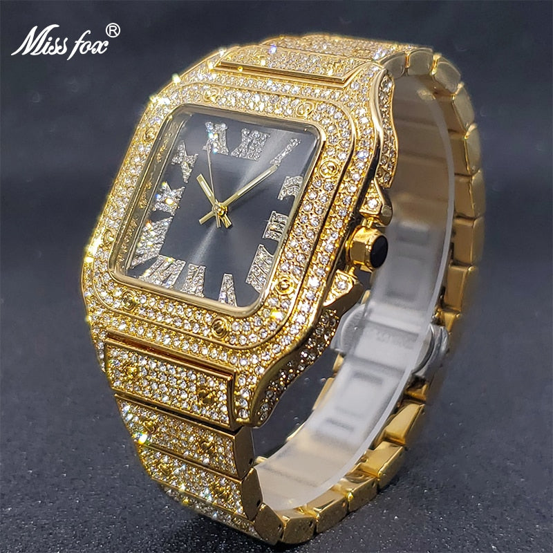 MISSFOX Square Watches For Men Luxury Designer Diamond Watch Limitied Ice Gray Edition Quartz Wristwatches For Couple - Bekro's ART