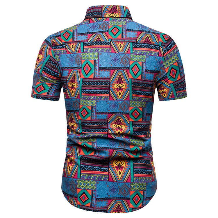 Mens Cotton Linen Dress Shirt 2022 Fashion Vintage African Ethnic Print Shirt Men Slim Fit Short Sleeve Hawaiian Shirts Camisas - Bekro's ART
