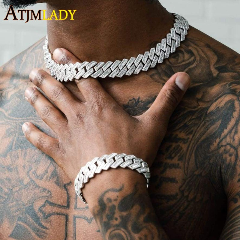 New 19mm Baguette CZ Miami Cuban Chain Heavy Necklace Two Tone Color Iced Out Bling Cubic Zirconia Necklaces Men Hip Hop Jewelry - Bekro's ART