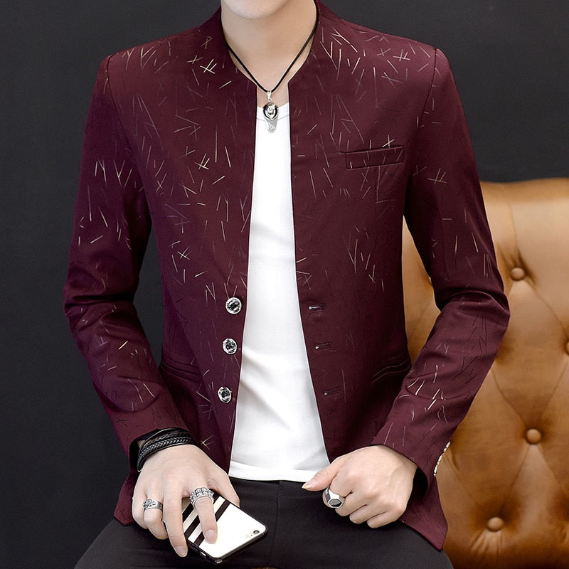 Men's Printed Small Suit Male Korean Version of The Self-cultivation Stand-up Collar Chinese Tunic Casual Suit Thin Jacket Youth - Bekro's ART