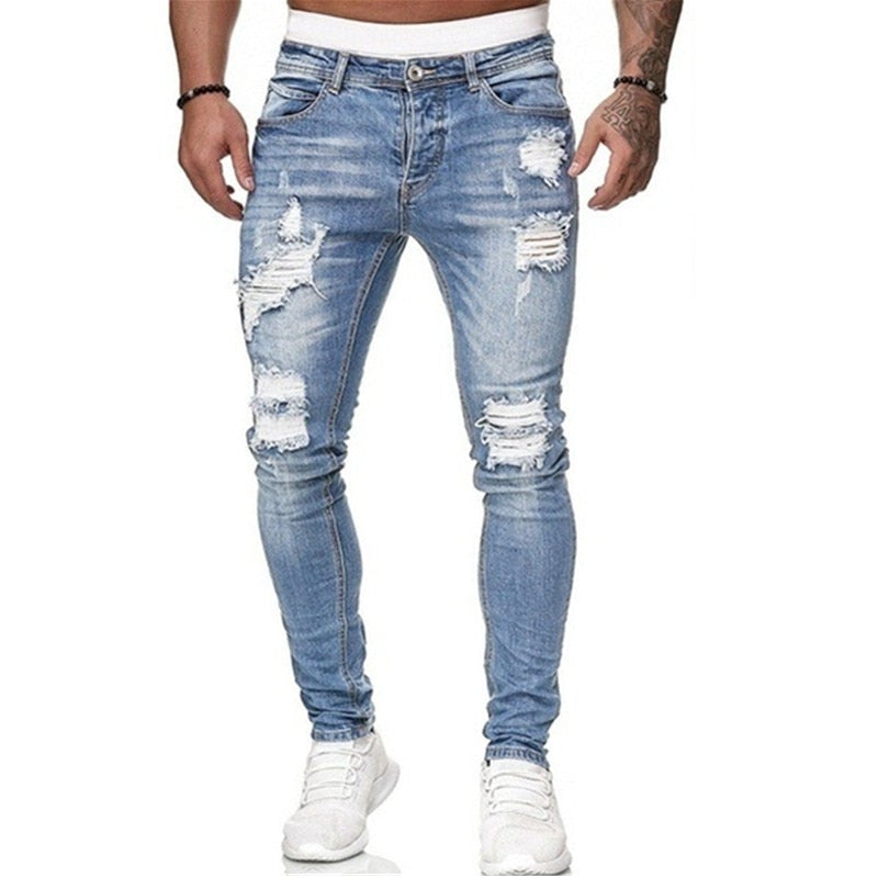 Mens Ripped Skinny Jeans Blue Slim Fit Hole Pencil Pants Biker Casual Trousers Streetwear High Quality Denim Man Clothing - Bekro's ART