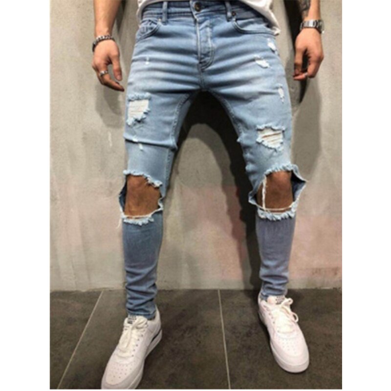 Men's Jeans Vintage Skinny Knee Destroyed Ripped Jeans streetwear Slim fit Pants Homme beggar Hole Hip Hop denim trousers Men - Bekro's ART