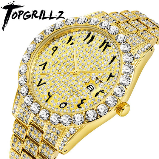 TOPGRILLZ New Arabic Numerals Mens Watches Hip Hop Fashion Luxury Male Iced Out Watch 18K Gold For Men Classic Jewelry For Gift - Bekro's ART