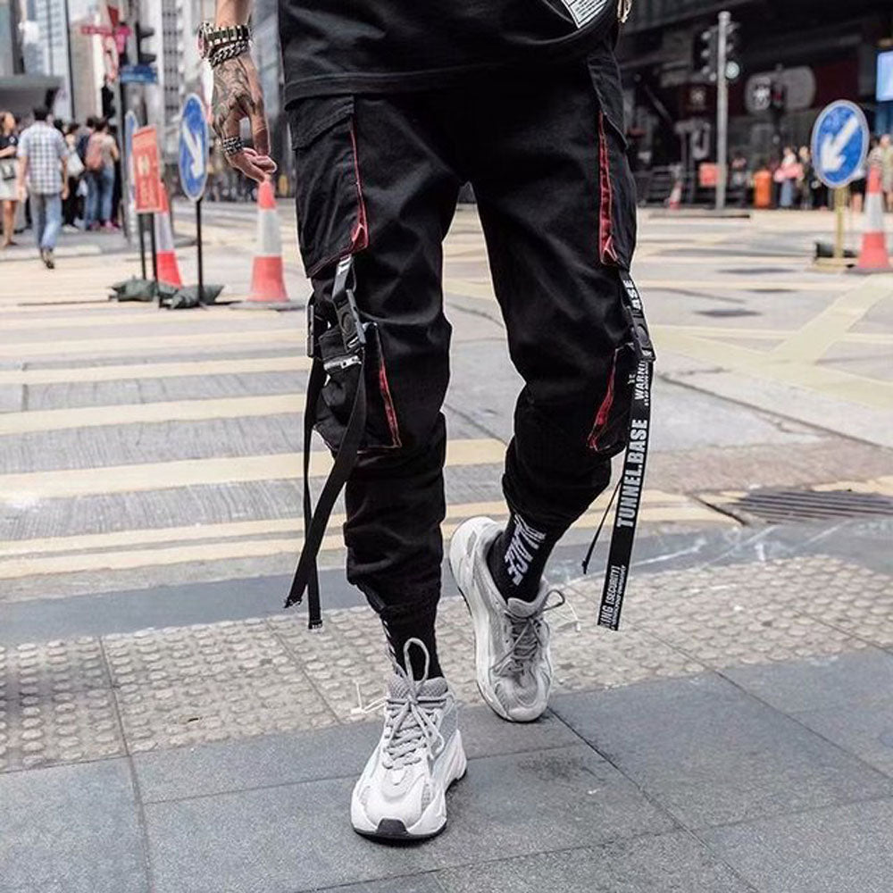 Joggers Cargo Pants for Men Casual Hip Hop Hit Color Pocket Male Trousers Sweatpants Streetwear Ribbons Techwear Pants - Bekro's ART