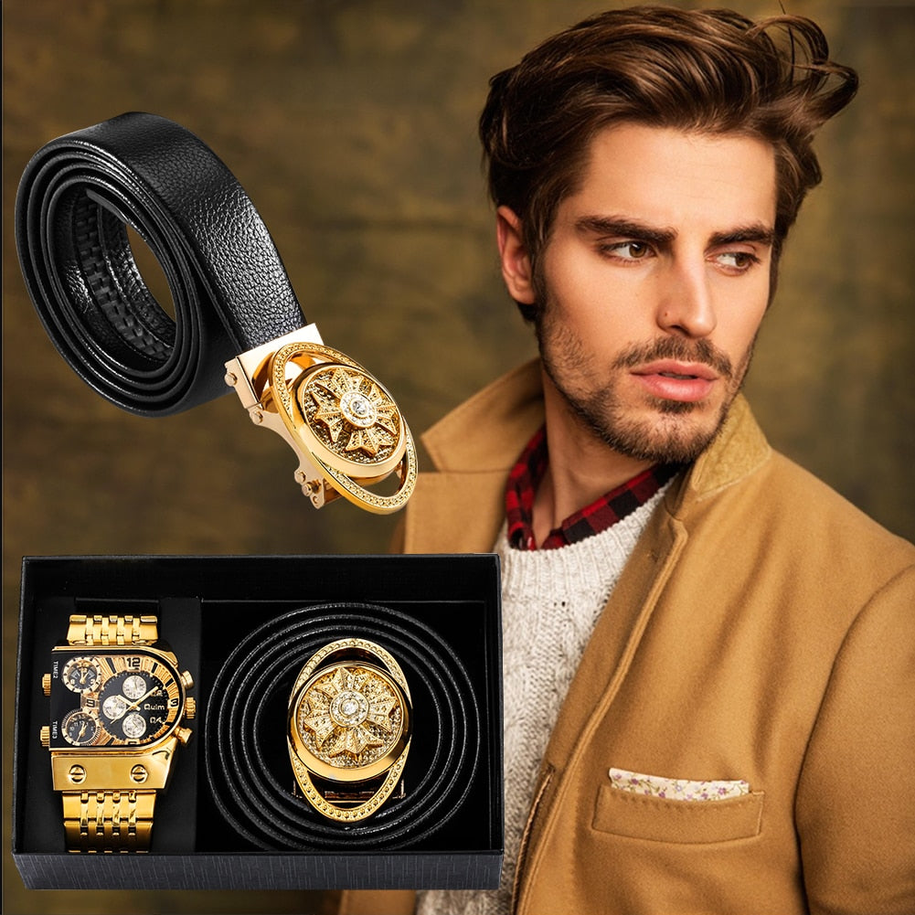 Fashion Men Wrist Watch Multiple Time Zone Luxury Gold  Big Dial Quartz Watches Auto-rotating Waistband Gift Set - Bekro's ART
