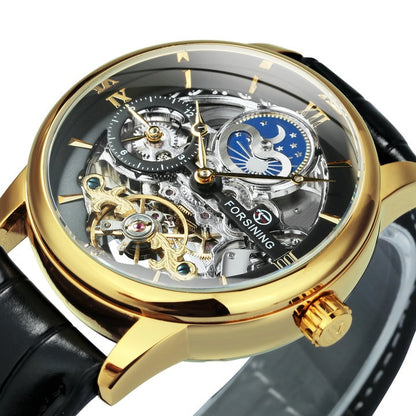 Forsining Classic Men Skeleton Watch Automatic Tourbillon Watches Mens Top Brand Luxury Leather Band Moon Phase Mechanical Clock - Bekro's ART