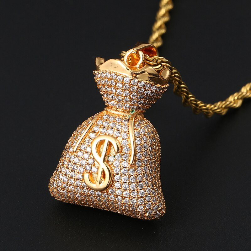 Classic US Dollar Money Bag Pendant necklace Double Side Charm Gold Silver Color Cubic Zircon Men's Hip Hop Jewelry Cuban Chain - Bekro's ART