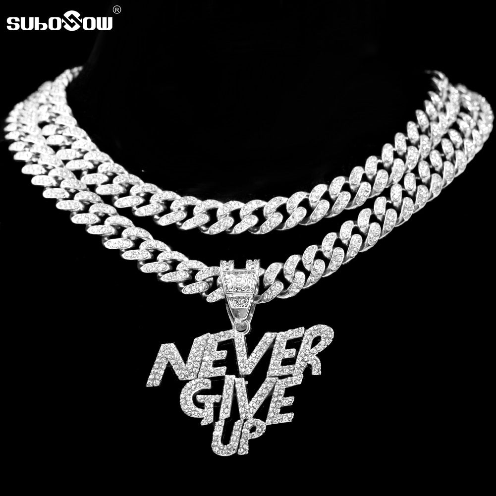 Hip Hop Men NEVER GIVE UP Letter Pendant Necklace Iced Out Bling Crystal 13mm Cuban Link Chain Necklaces Rock Jewelry Gift - Bekro's ART