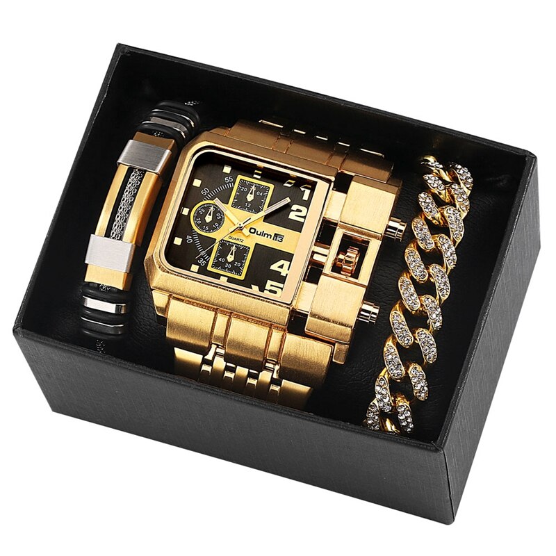 4pcs/Set Oulm Multi-Time Zone Watches Gifts Sets Mens Watch Top Luxury Gold  Crystal Bracelet Male Watch Gift Set - Bekro's ART
